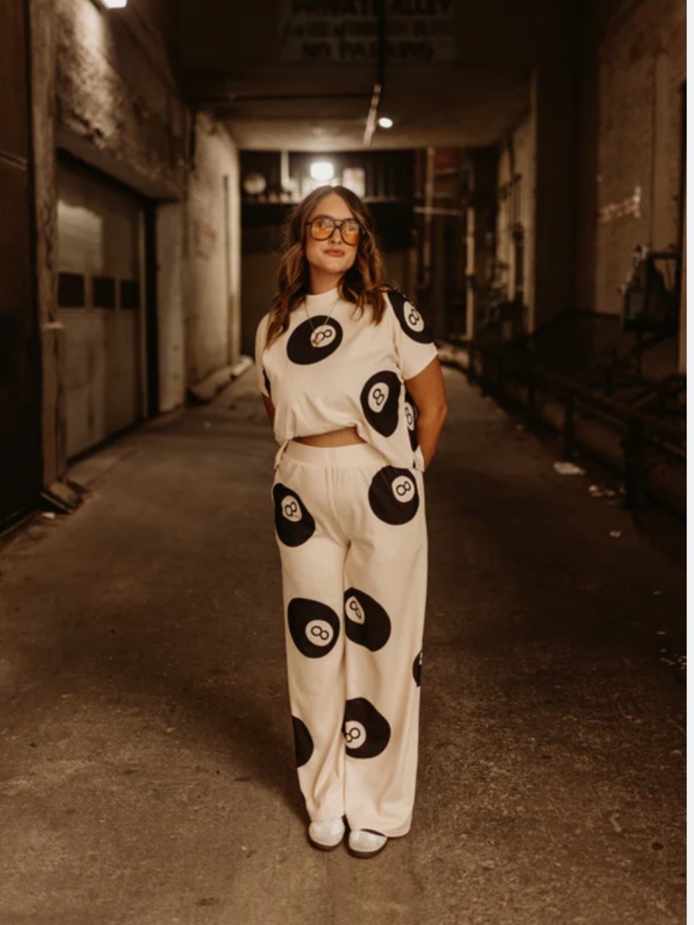 Cream Wide-Leg Set with Black 8-Ball Print